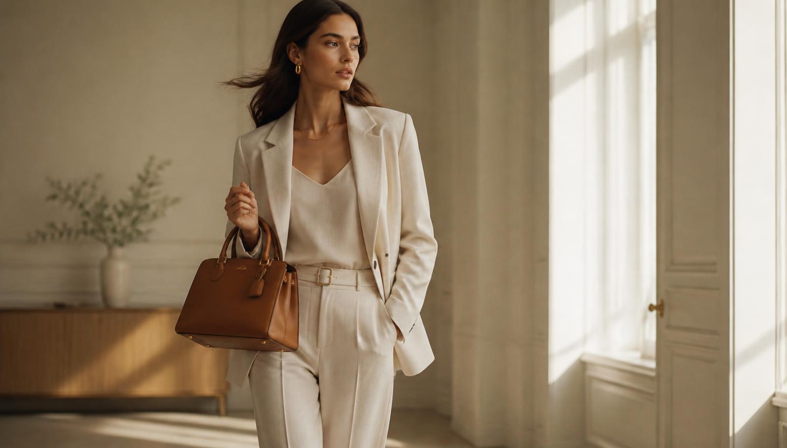 Mulher elegante com bolsa de couro Linen & Lace